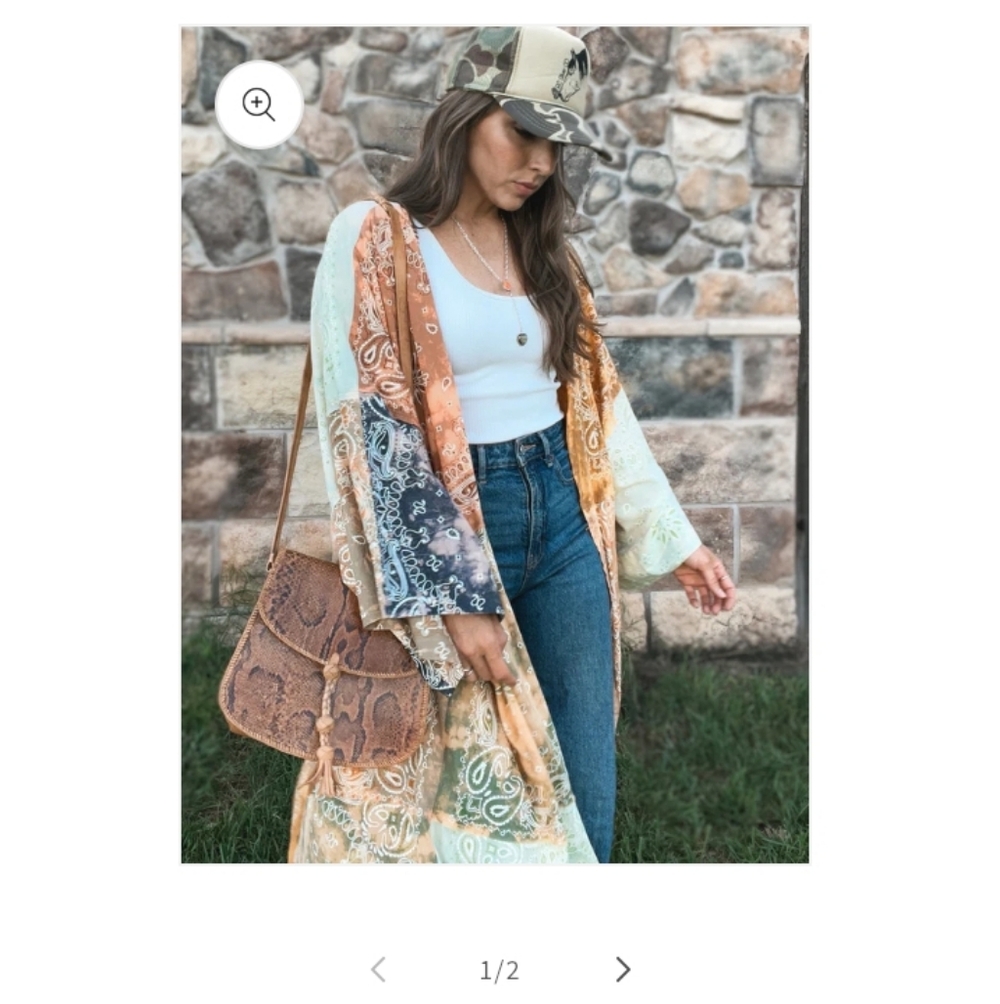 Lightweight Patchwork Paisley Maxi Dress Kimono - Mint & Rust
